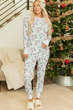 Hot Dear-Lover Holly Print Thermal Pullover Pants Lounge Set White
