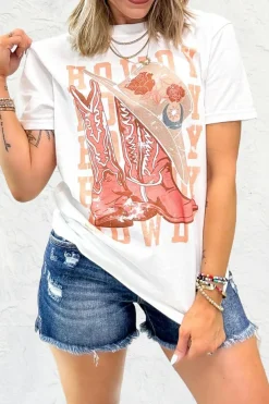Sale Dear-Lover HOWDY Cowboy Boots Graphic Crew Neck T Shirt White
