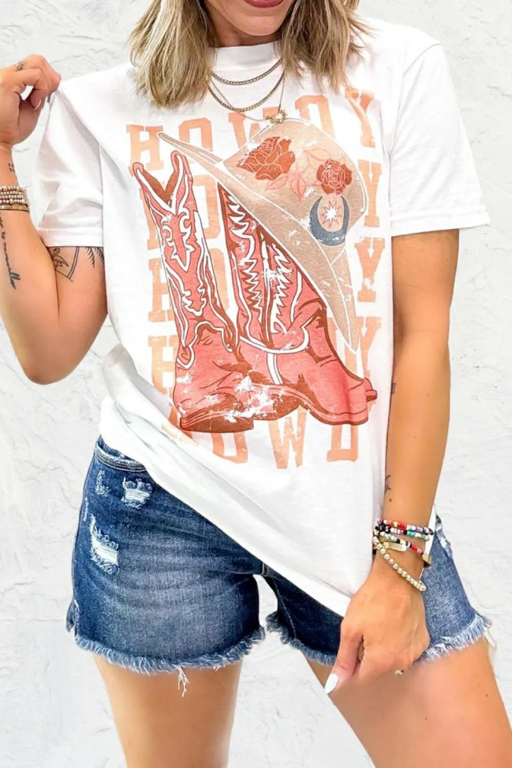 Sale Dear-Lover HOWDY Cowboy Boots Graphic Crew Neck T Shirt White