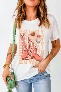 Sale Dear-Lover HOWDY Cowboy Boots Graphic Crew Neck T Shirt White