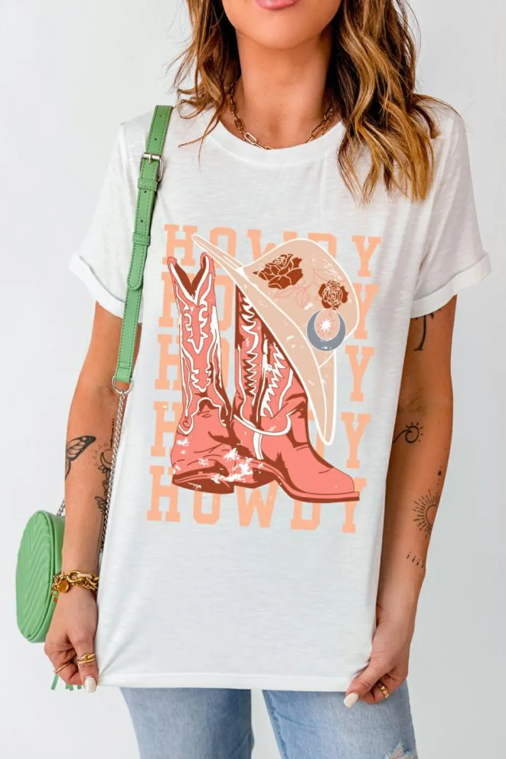 Sale Dear-Lover HOWDY Cowboy Boots Graphic Crew Neck T Shirt White