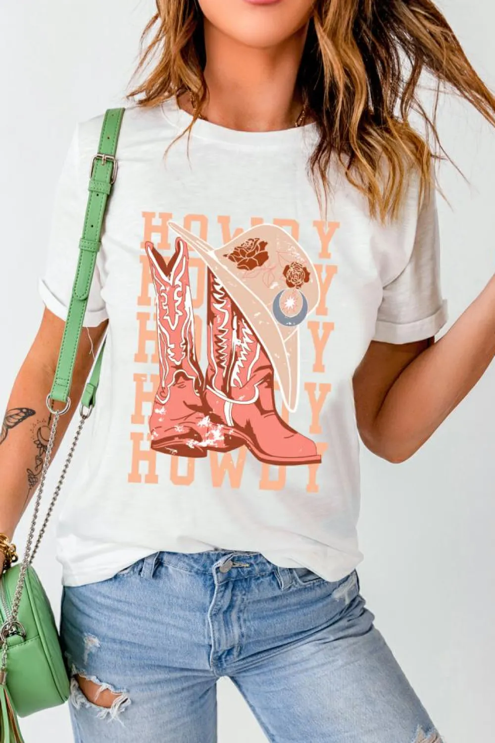Sale Dear-Lover HOWDY Cowboy Boots Graphic Crew Neck T Shirt White