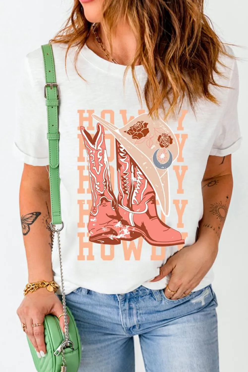 Sale Dear-Lover HOWDY Cowboy Boots Graphic Crew Neck T Shirt White