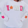 Fashion Dear-Lover Howdy Glitter Chenille Patch Graphic Casual Sweatshirt White