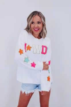 Fashion Dear-Lover Howdy Glitter Chenille Patch Graphic Casual Sweatshirt White