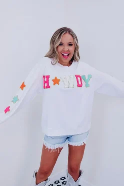 Fashion Dear-Lover Howdy Glitter Chenille Patch Graphic Casual Sweatshirt White