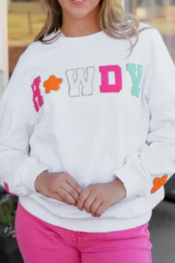 Fashion Dear-Lover Howdy Glitter Chenille Patch Graphic Casual Sweatshirt White