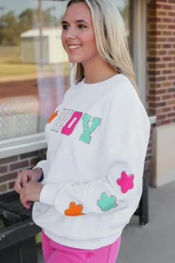 Fashion Dear-Lover Howdy Glitter Chenille Patch Graphic Casual Sweatshirt White