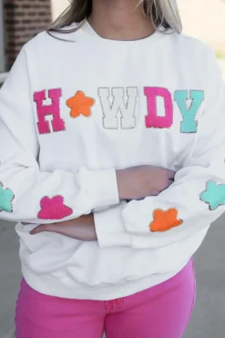 Fashion Dear-Lover Howdy Glitter Chenille Patch Graphic Casual Sweatshirt White