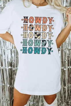 Clearance Dear-Lover HOWDY Stars Print Crew Neck Loose Fit T Shirt White