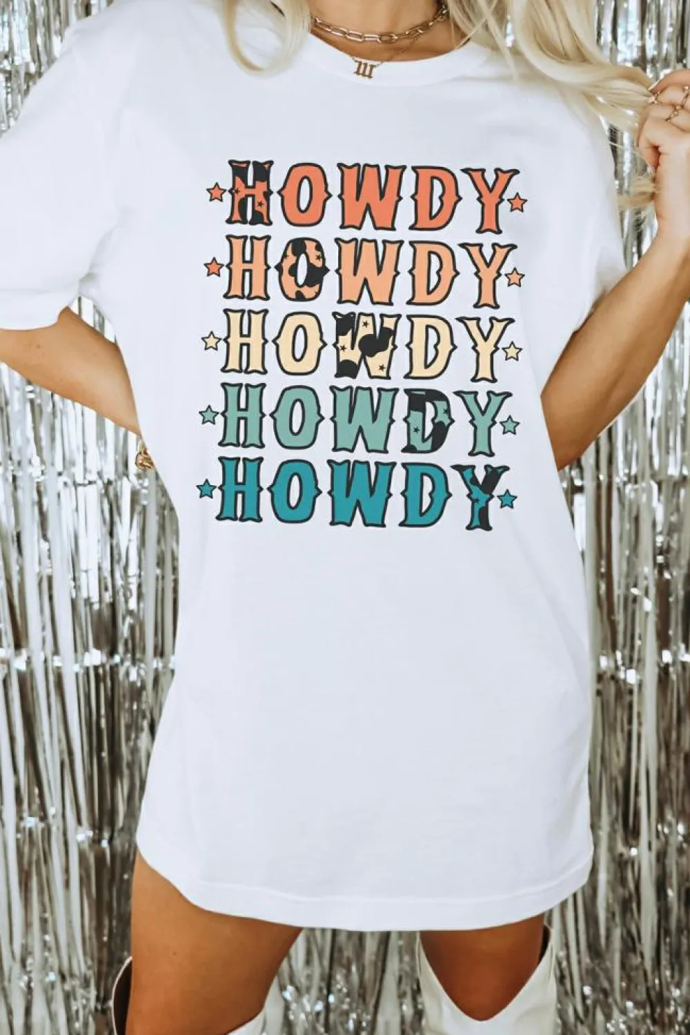 Clearance Dear-Lover HOWDY Stars Print Crew Neck Loose Fit T Shirt White