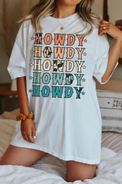 Clearance Dear-Lover HOWDY Stars Print Crew Neck Loose Fit T Shirt White