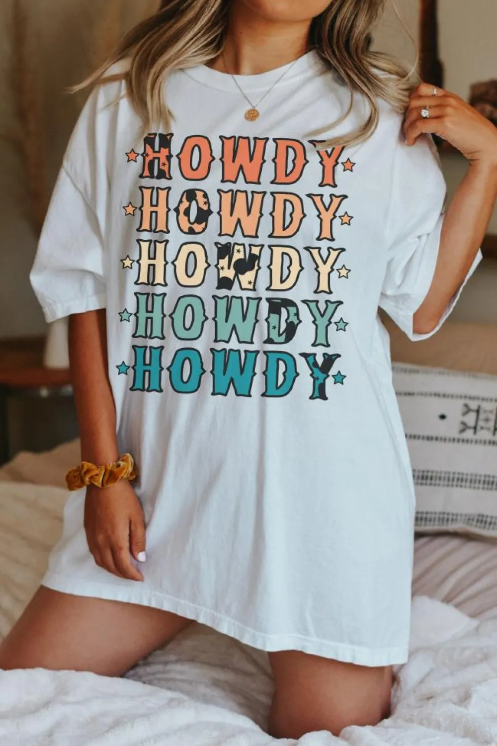 Clearance Dear-Lover HOWDY Stars Print Crew Neck Loose Fit T Shirt White