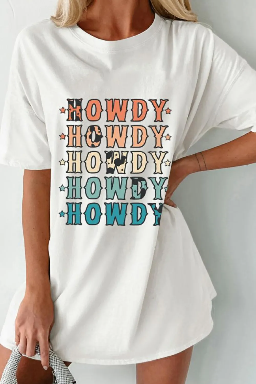 Clearance Dear-Lover HOWDY Stars Print Crew Neck Loose Fit T Shirt White