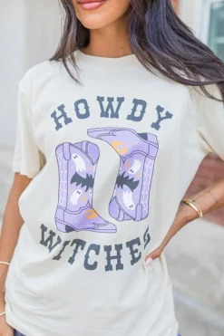Discount Dear-Lover HOWDY WITCHES Halloween Boots Crewneck T Shirt White