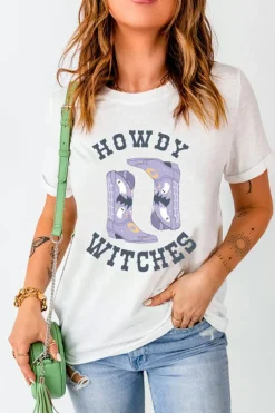 Discount Dear-Lover HOWDY WITCHES Halloween Boots Crewneck T Shirt White