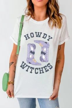 Discount Dear-Lover HOWDY WITCHES Halloween Boots Crewneck T Shirt White