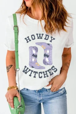 Discount Dear-Lover HOWDY WITCHES Halloween Boots Crewneck T Shirt White