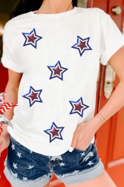 New Dear-Lover Independence Day Sequin Star Patched T Shirt White
