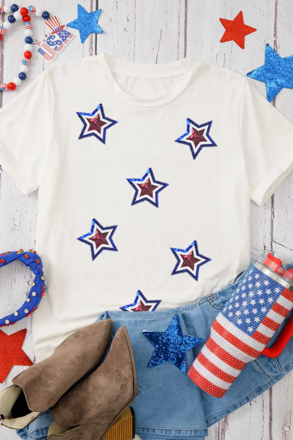 New Dear-Lover Independence Day Sequin Star Patched T Shirt White