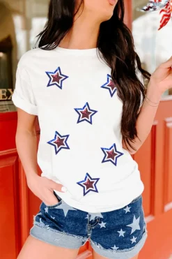New Dear-Lover Independence Day Sequin Star Patched T Shirt White