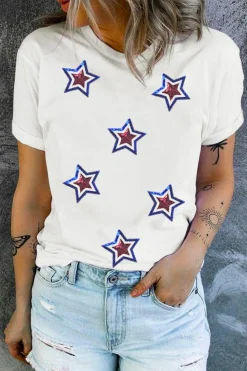 New Dear-Lover Independence Day Sequin Star Patched T Shirt White