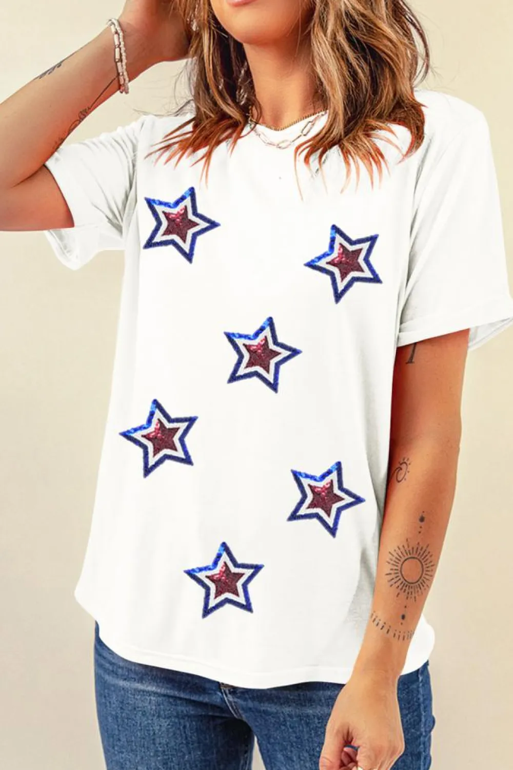 New Dear-Lover Independence Day Sequin Star Patched T Shirt White