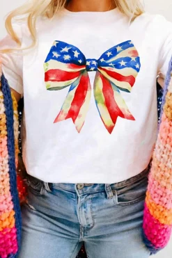 Online Dear-Lover Independence Day Splash Bow Pattern T Shirt White