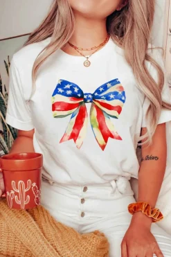 Online Dear-Lover Independence Day Splash Bow Pattern T Shirt White