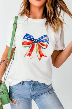 Online Dear-Lover Independence Day Splash Bow Pattern T Shirt White