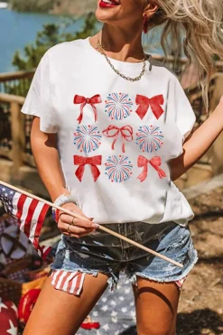 Fashion Dear-Lover July 4th Celerbration Bowknot Firework Graphic Tee White