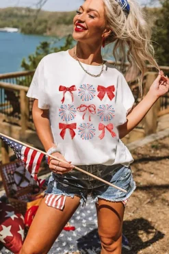Fashion Dear-Lover July 4th Celerbration Bowknot Firework Graphic Tee White