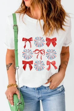 Fashion Dear-Lover July 4th Celerbration Bowknot Firework Graphic Tee White