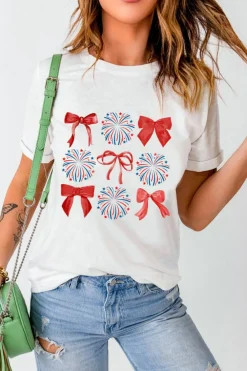 Fashion Dear-Lover July 4th Celerbration Bowknot Firework Graphic Tee White