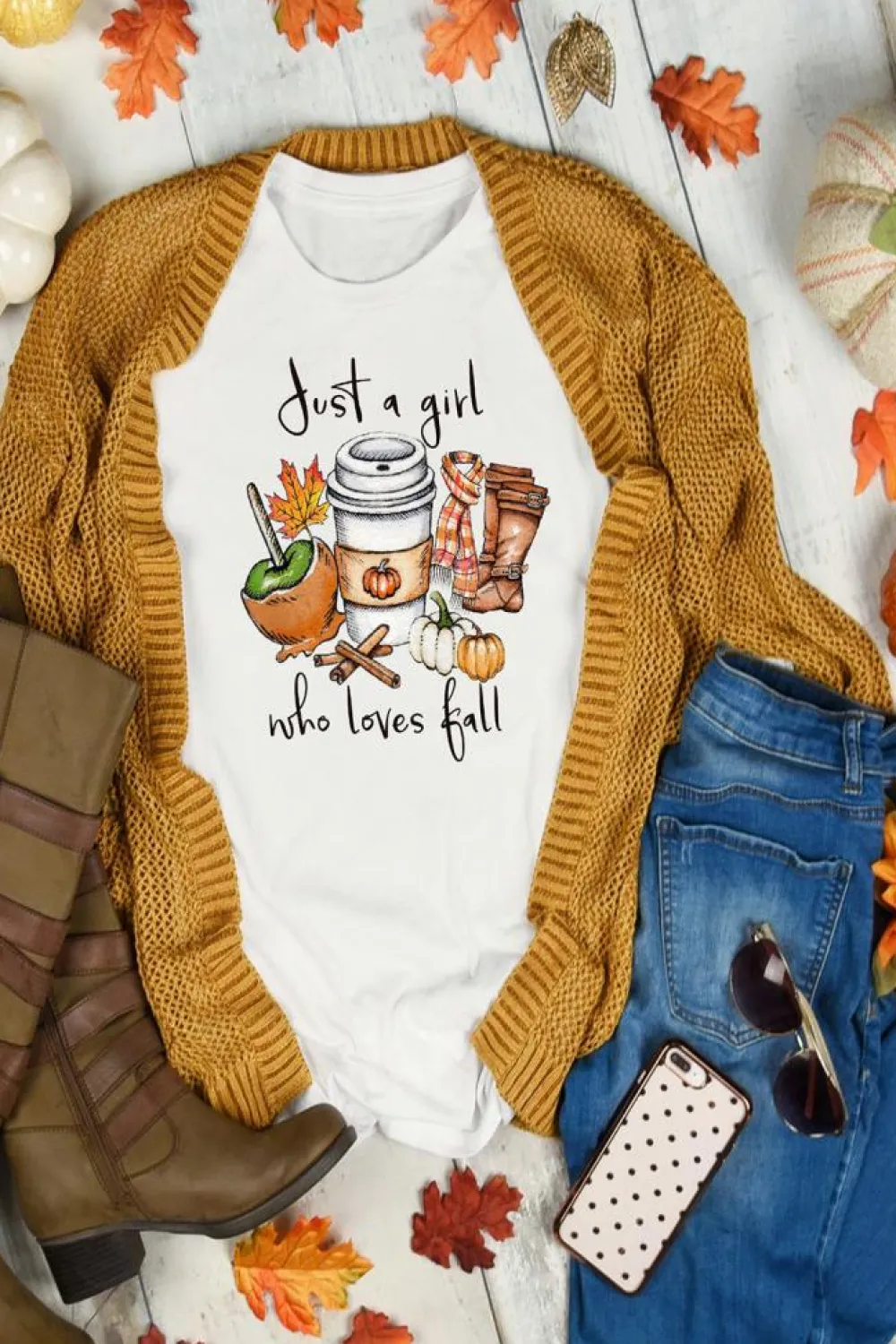 Clearance Dear-Lover Just A Girl Who Loves Fall Graphic T Shirt White