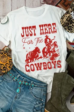 Discount Dear-Lover JUST HERE For THE COWBOY Cuffed Sleeve Crew Neck T Shirt White