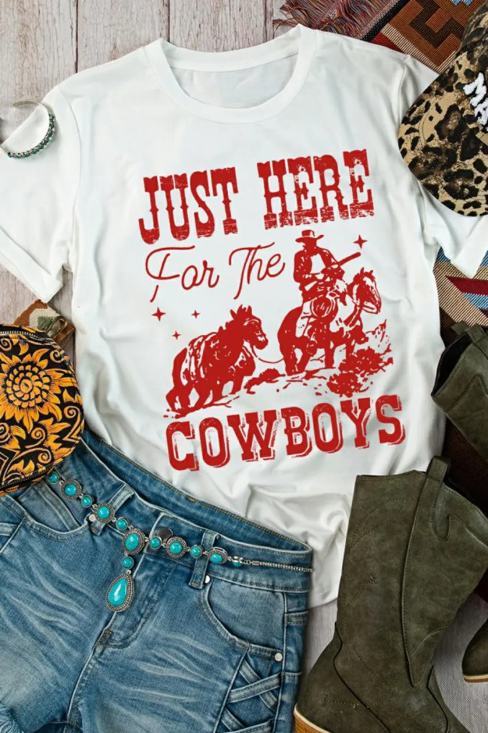 Discount Dear-Lover JUST HERE For THE COWBOY Cuffed Sleeve Crew Neck T Shirt White