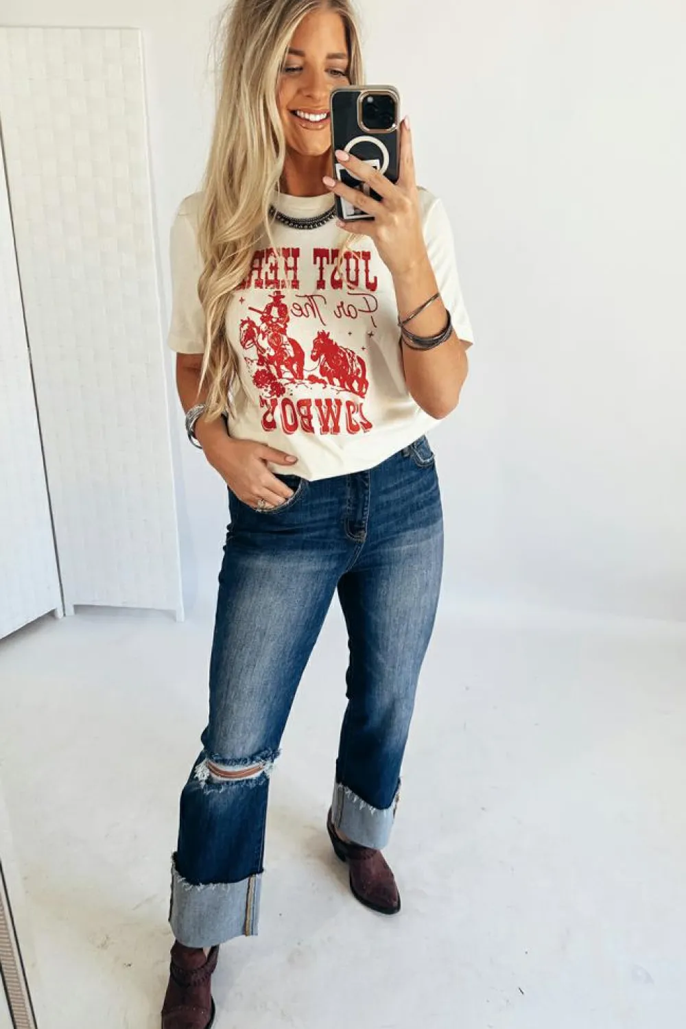Discount Dear-Lover JUST HERE For THE COWBOY Cuffed Sleeve Crew Neck T Shirt White