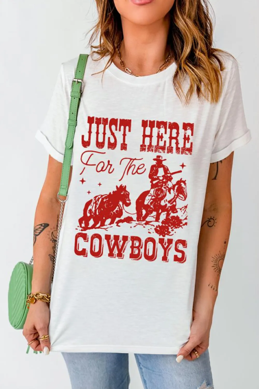 Discount Dear-Lover JUST HERE For THE COWBOY Cuffed Sleeve Crew Neck T Shirt White