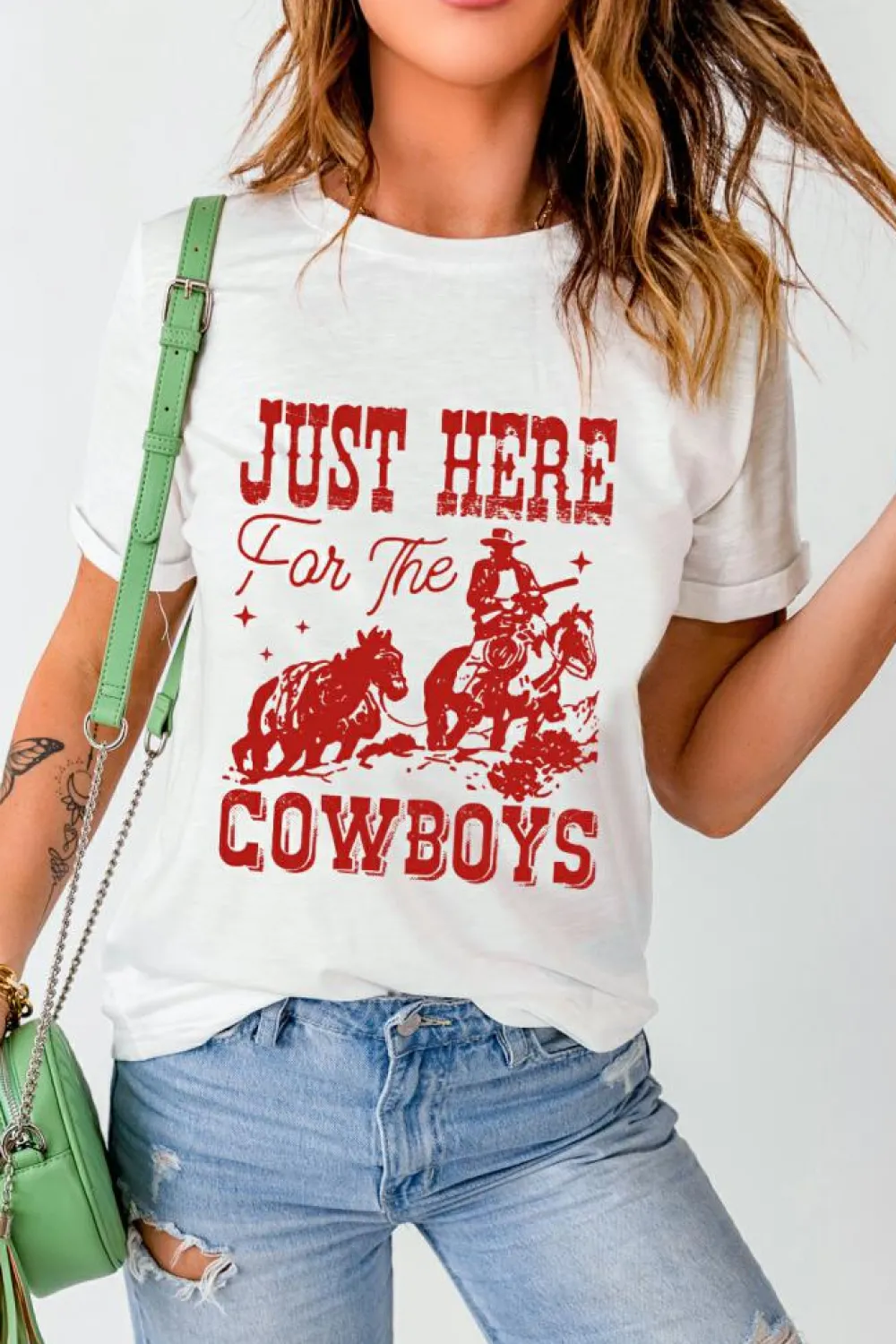 Discount Dear-Lover JUST HERE For THE COWBOY Cuffed Sleeve Crew Neck T Shirt White