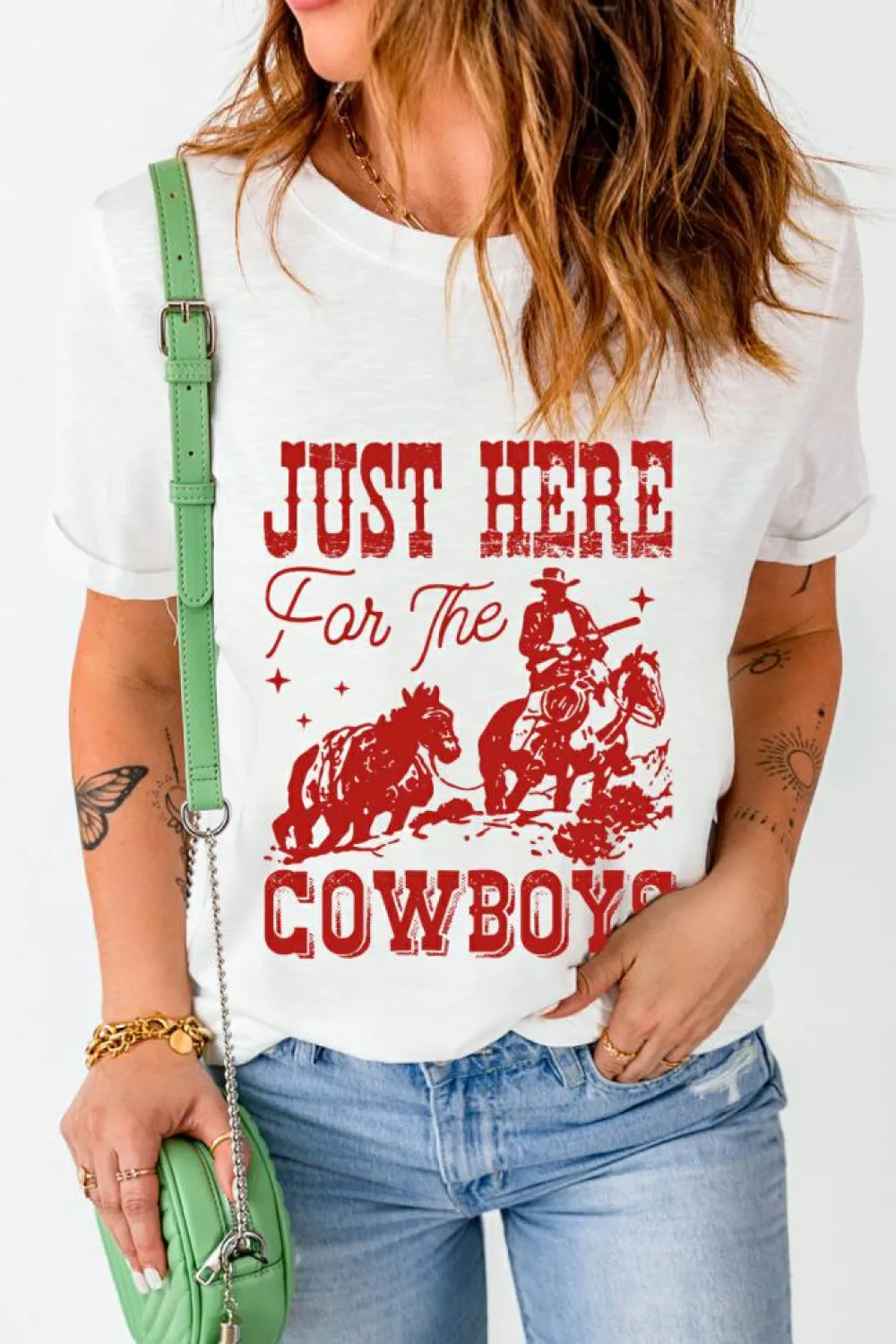 Discount Dear-Lover JUST HERE For THE COWBOY Cuffed Sleeve Crew Neck T Shirt White