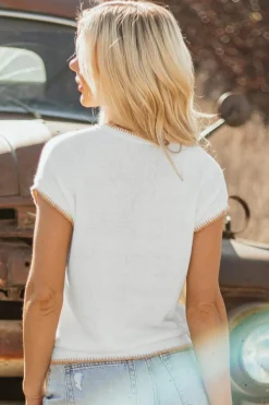New Dear-Lover Knitted YEEHAW Stitch Edge Crew Neck Sweater T Shirt White