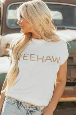 New Dear-Lover Knitted YEEHAW Stitch Edge Crew Neck Sweater T Shirt White