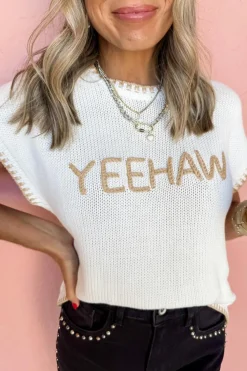 New Dear-Lover Knitted YEEHAW Stitch Edge Crew Neck Sweater T Shirt White