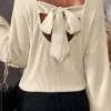 Best Dear-Lover Knot Back Drop Shoulder Ribbed Long Sleeve Blouse White
