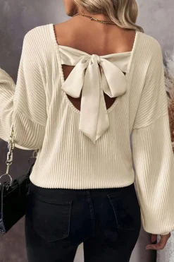 Best Dear-Lover Knot Back Drop Shoulder Ribbed Long Sleeve Blouse White