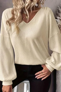 Best Dear-Lover Knot Back Drop Shoulder Ribbed Long Sleeve Blouse White