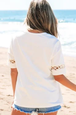 Outlet Dear-Lover Lace Crochet Crew Neck Casual T Shirt White