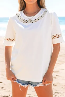 Outlet Dear-Lover Lace Crochet Crew Neck Casual T Shirt White