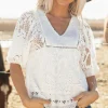 Discount Dear-Lover Lace Crochet Hollowed Scallop Hem V Neck Blouse White